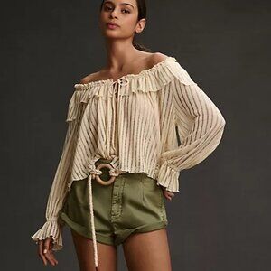 Anthropologie Long-Sleeve Sheer Striped Crop Blouse, Size L NWT